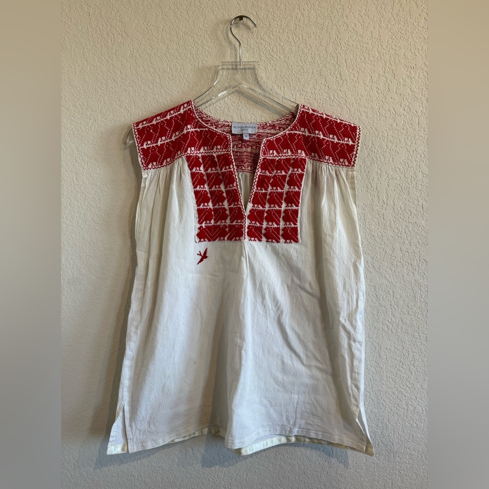 Mi Golondrina White Cotton Blouse with Red Embroidered Yoke